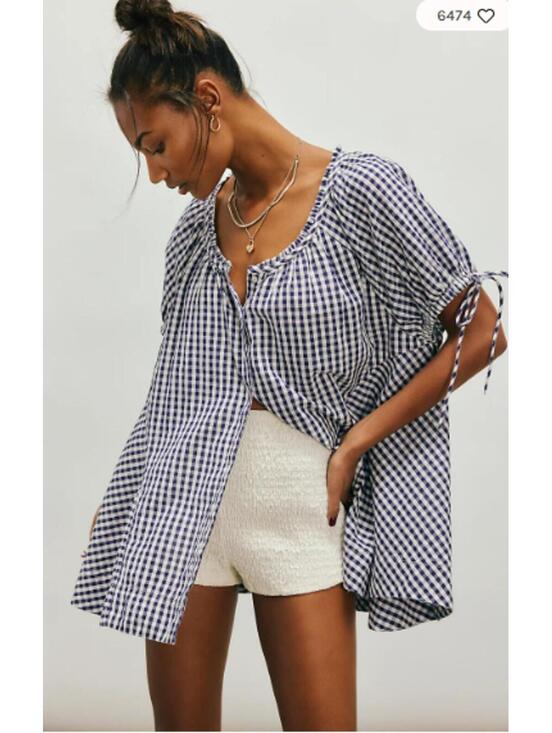Free People Tops - NWT Free People gingham cotton tunic top in navy/white check pattern size small
